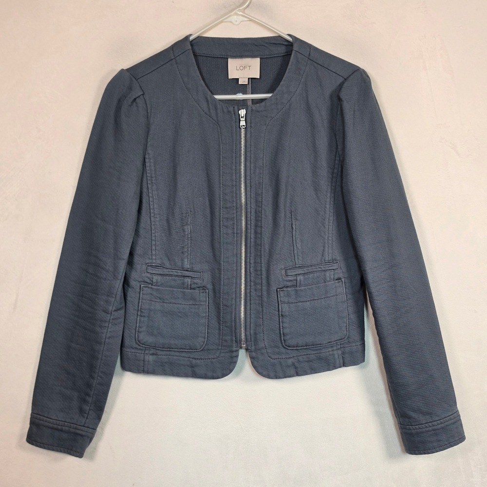 LOFT‎ Jacket Women's 2 Blue Gray Cotton Zip Front Utility Career Casual Cropped - Picture 2 of 13